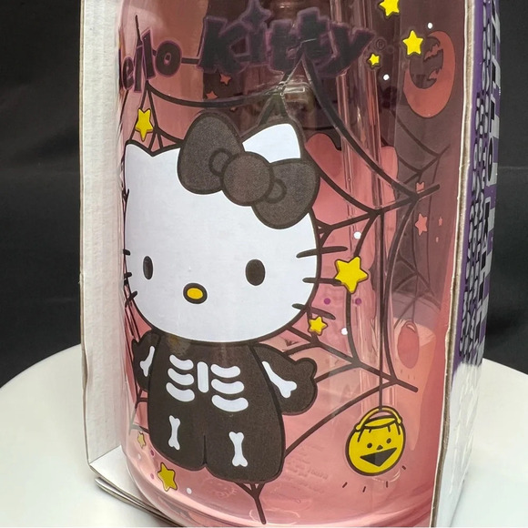 Sanrio Hello Kitty Pink Halloween Skeleton Spiderweb Glass Tumbler w/Bamboo Lid - Picture 7 of 10